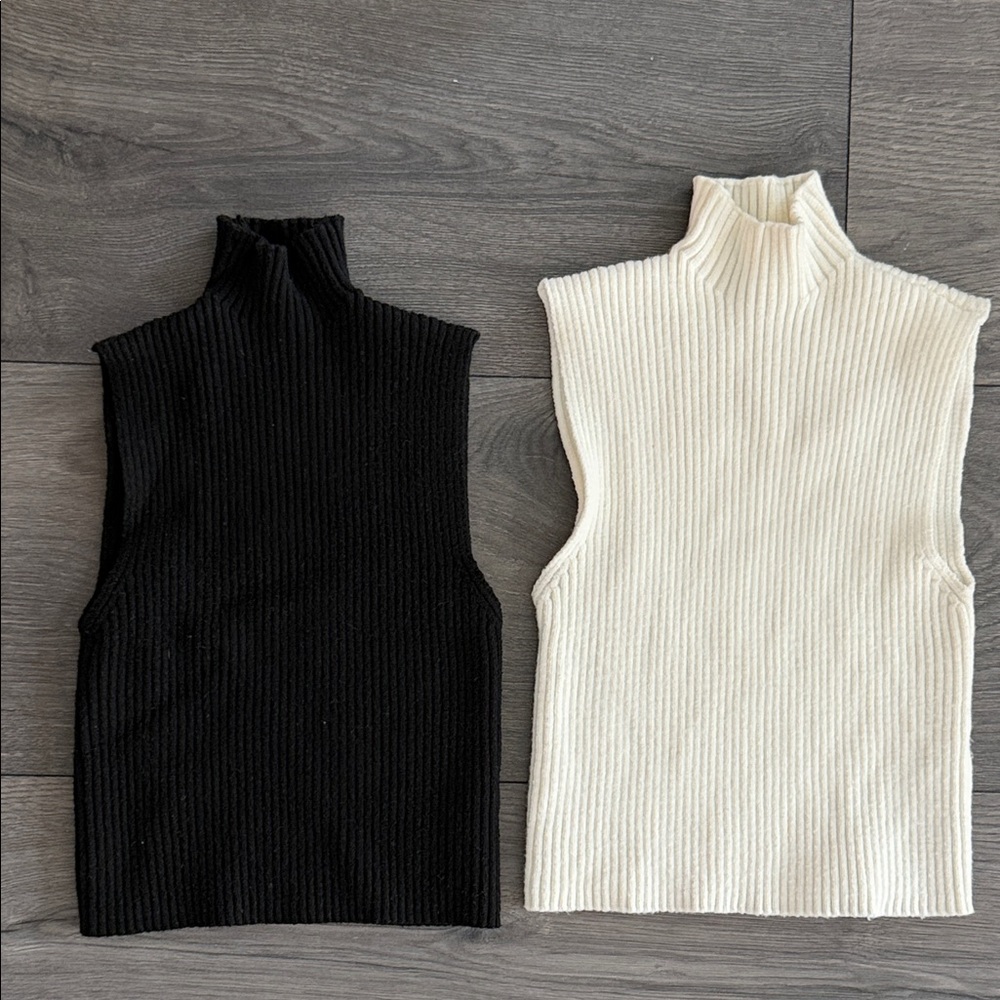 Zara Black Cream Ribbed Sleeveless Turtlenecks